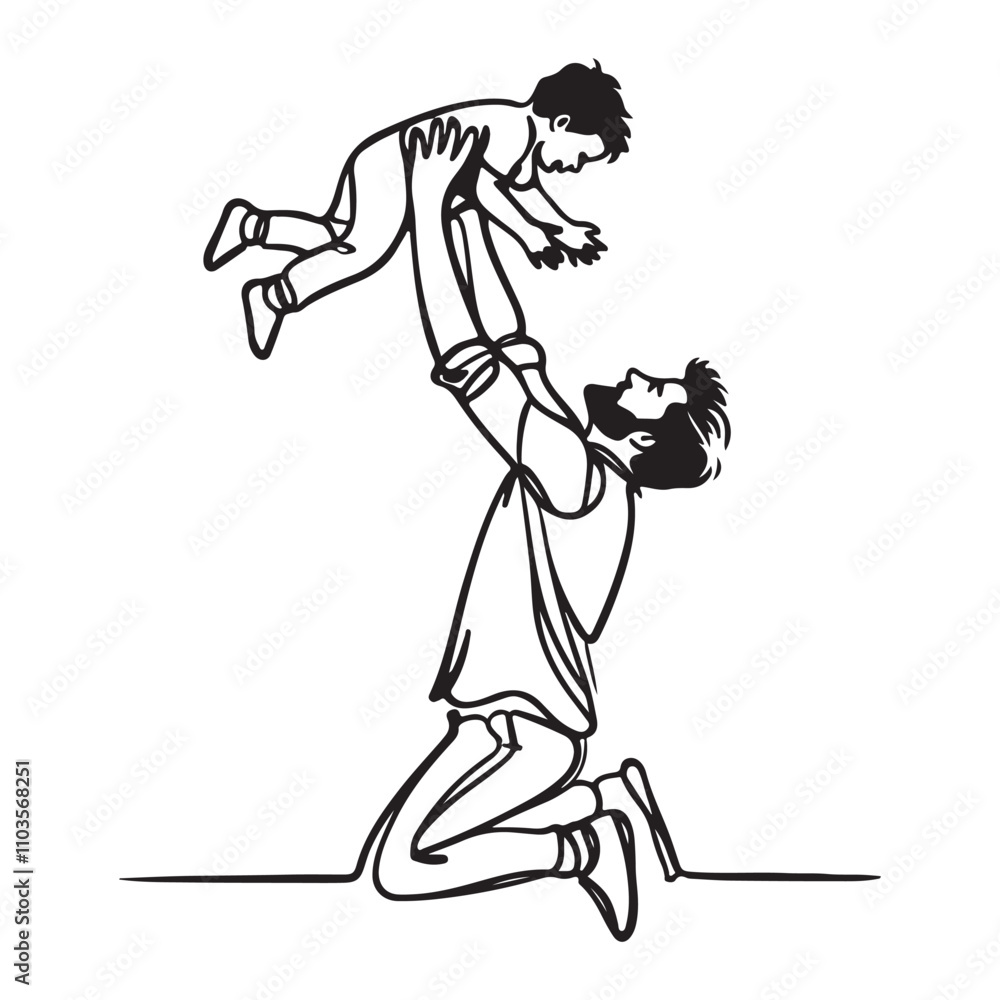 Fototapeta premium One continuous single drawing black line art doodle of a father lifting his child into the air, illustration on white background