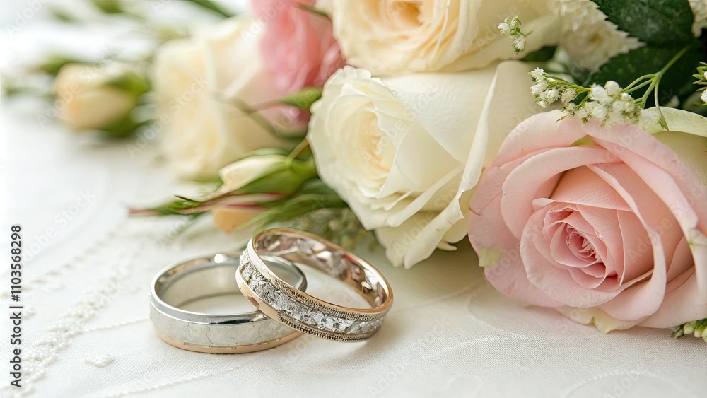 Elegant Wedding Rings on Soft White Background with Delicate Roses – Romantic Floral Decor for Weddings, Engagements, and Celebrations Elegant Wedding Rings on Soft White Background with Delicate Roses – Romantic Floral Decor for Weddings, Engagements, and Celebrations