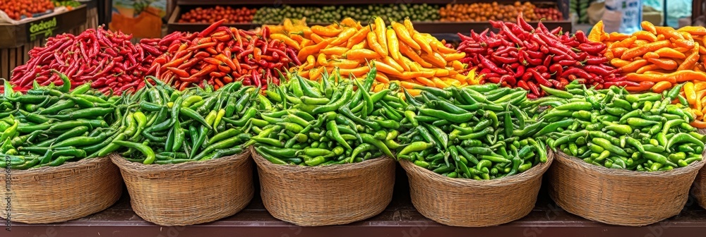 Fototapeta premium Vibrant Display of Fresh Fruits and Vegetables in Colorful Baskets at Outdoor Market Showcasing a Variety of Organic Produce