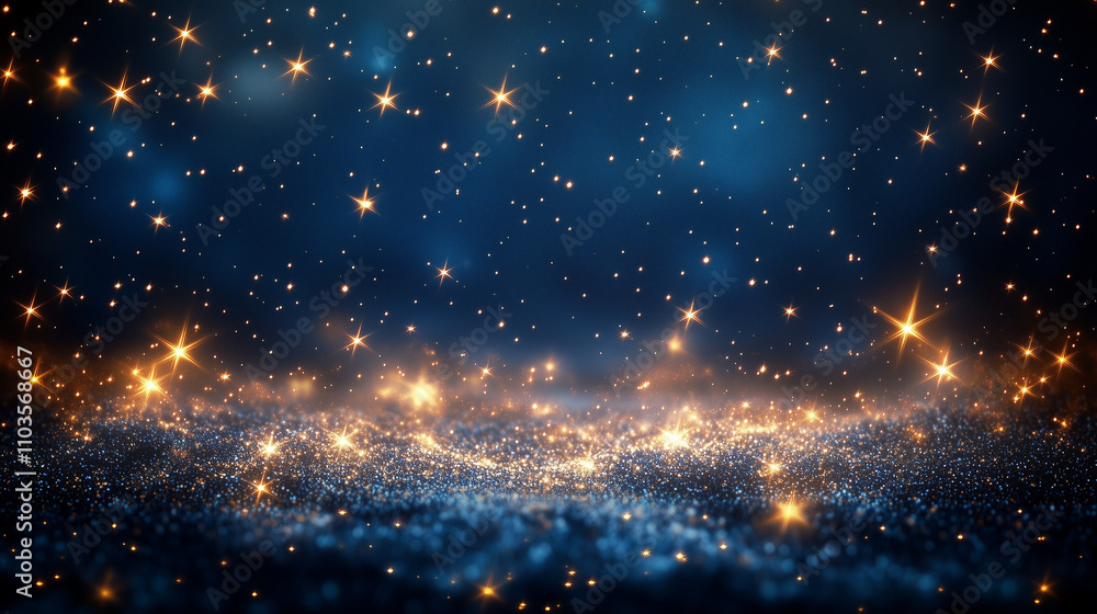 Deep Navy Blue Background with Constellations of Twinkling Christmas Stars and Soft Golden Glow, Magical Holiday Theme, Generated AI Deep Navy Blue Background with Constellations of Twinkling Christmas Stars and Soft Golden Glow, Magical Holiday Theme, Generated AI