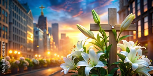 Elegant White Lilies Adorning a Cross for Easter Celebration in a Serene Urban Environment with Soft Natural Lighting and Subtle Background Details