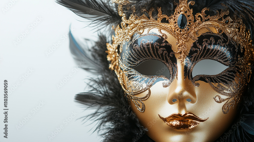 Gold and Black New Year’s Masquerade Mask with Feathers and Glitter, Intricate Details Highlighted on a White Background, Various Angles, Celebratory Elegance, Generated AI Gold and Black New Year’s Masquerade Mask with Feathers and Glitter, Intricate Details Highlighted on a White Background, Various Angles, Celebratory Elegance, Generated AI