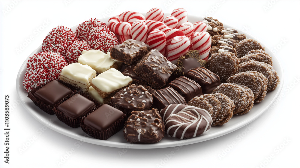 Festive Platter of Holiday Treats with Candy Canes, Chocolates, Gingerbread Cookies, and Cakes, Vibrant Presentation, Generated AI Festive Platter of Holiday Treats with Candy Canes, Chocolates, Gingerbread Cookies, and Cakes, Vibrant Presentation, Generated AI