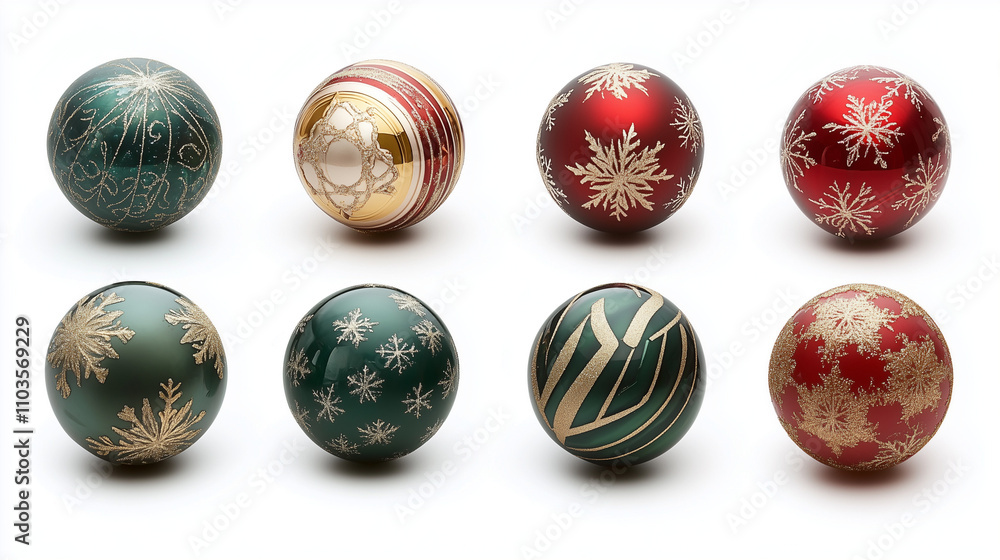 Set of Christmas Baubles in Red, Green, and Gold with Unique Snowflake, Star, and Glitter Designs, Displayed on White Background, Multiple Angles, Festive Holiday Decorations, Generated AI Set of Christmas Baubles in Red, Green, and Gold with Unique Snowflake, Star, and Glitter Designs, Displayed on White Background, Multiple Angles, Festive Holiday Decorations, Generated AI