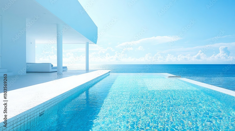 Fototapeta premium Swimming pool with sea view in modern villa. Futuristic minimalist architecture and beautiful seascape