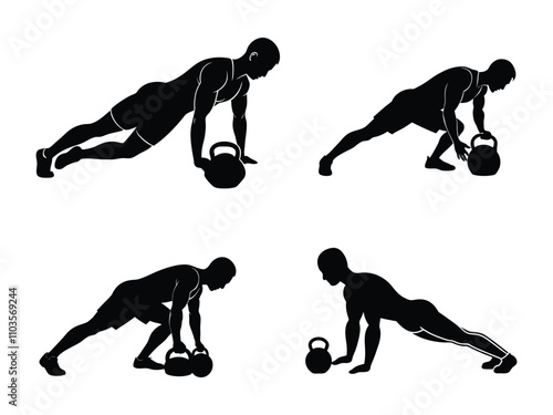 Strong man pushups with kettlebell silhouette. vector illustration.