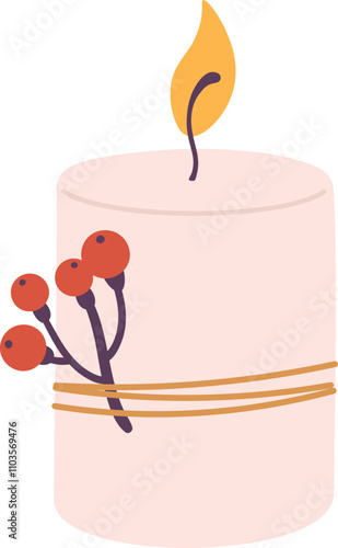 A candle with a wick and berries around it