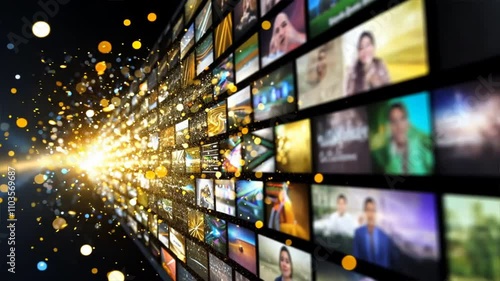 Dynamic digital media display of vibrant images and glowing particles, showcasing creativity and innovation through technology and art, creating engaging atmosphere.