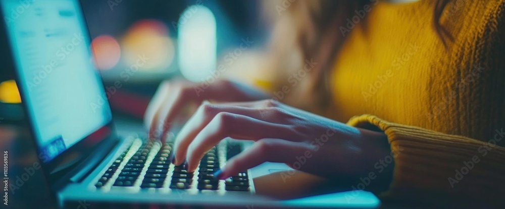 Woman Typing on Laptop Keyboard in Warm Ambient Light Woman Typing on Laptop Keyboard in Warm Ambient Light