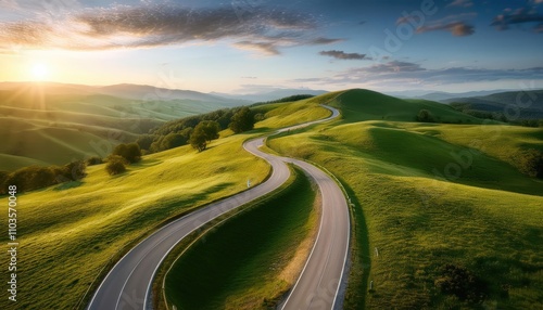 A long, winding road in a peaceful, green landscape, symbolizing healing, self-care, and gradual progress