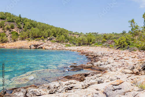 Secluded Rocky Bay with Clear Blue Waters and Pine Tree Lined Hills