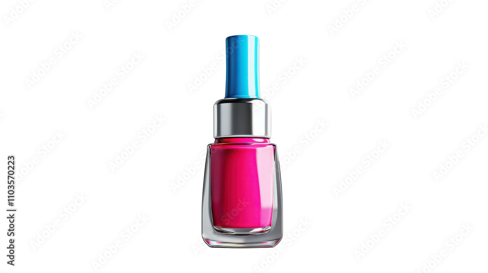 Bright pink nail polish bottle with a blue cap against a light backdrop, showcasing vibrant color and stylish design. Bright pink nail polish bottle with a blue cap against a light backdrop, showcasing vibrant color and stylish design.
