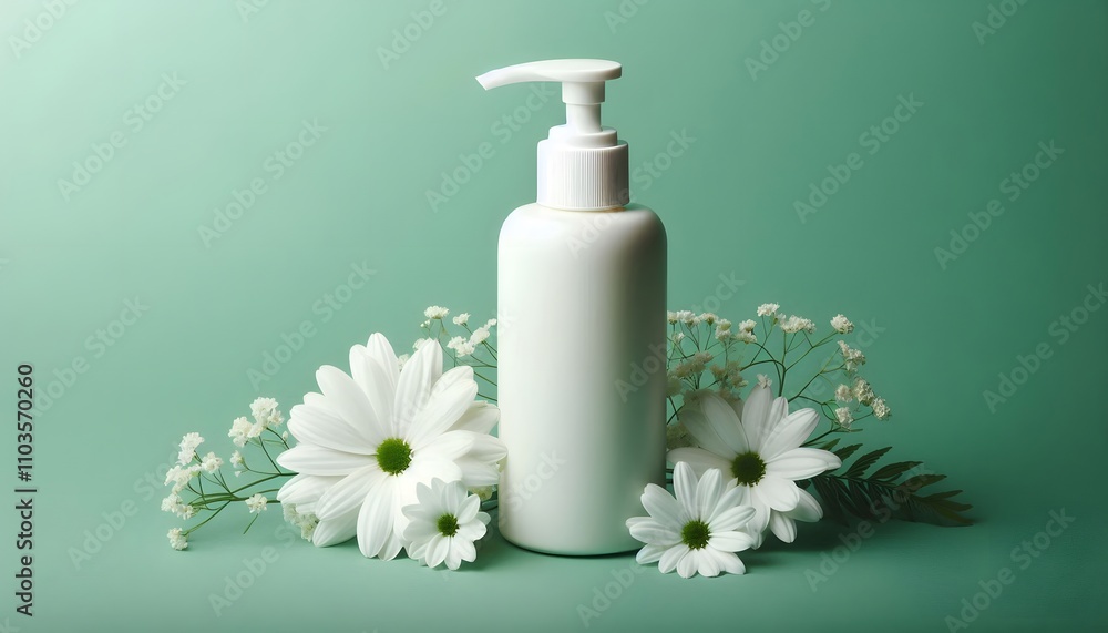 White pump bottle on green background and white flowers White pump bottle on green background and white flowers