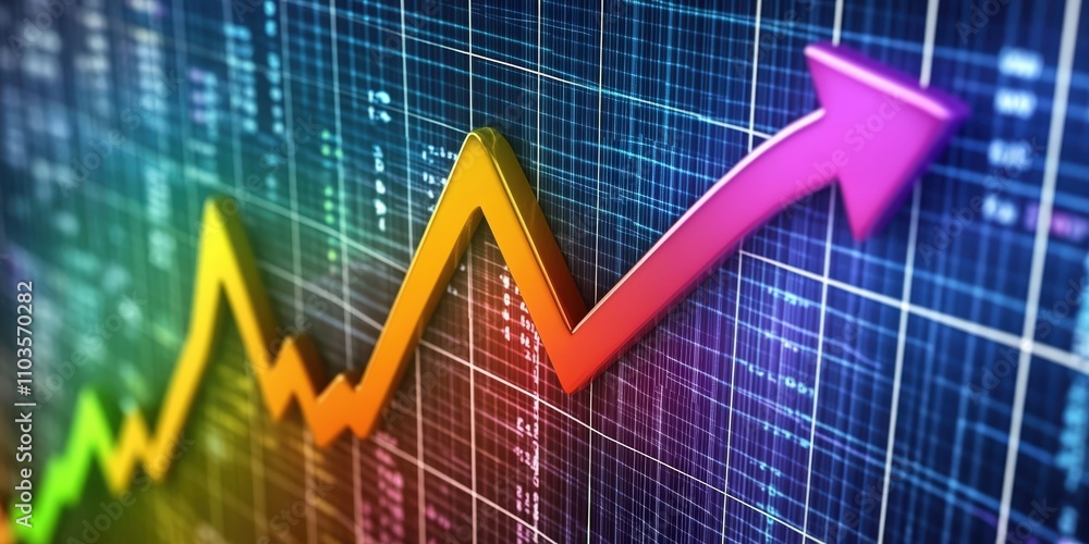 Vibrant Graph with Upward Arrow Symbolizing Growth and Success in Financial, Business, and Economic Trends with Colorful Background Vibrant Graph with Upward Arrow Symbolizing Growth and Success in Financial, Business, and Economic Trends with Colorful Background