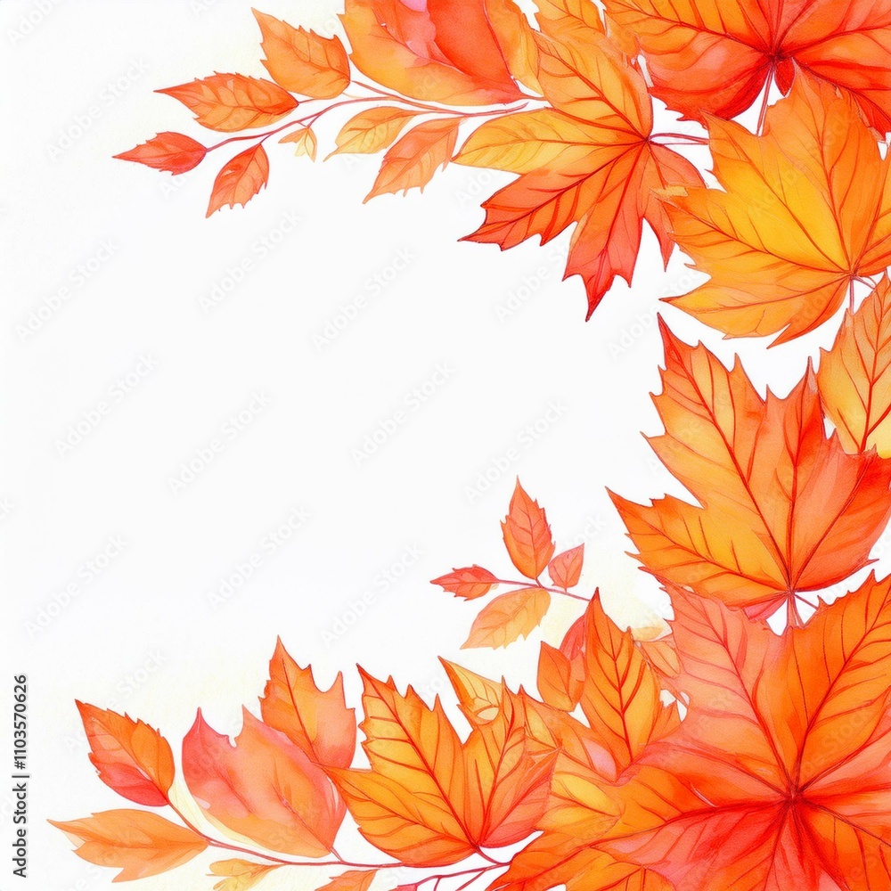 Fototapeta premium A white watercolor background of orange fall leaves