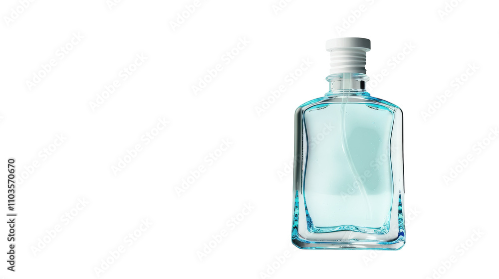 Clear glass bottle with light blue liquid resting on a clean surface illuminated by soft light in a minimalist setting. Clear glass bottle with light blue liquid resting on a clean surface illuminated by soft light in a minimalist setting.