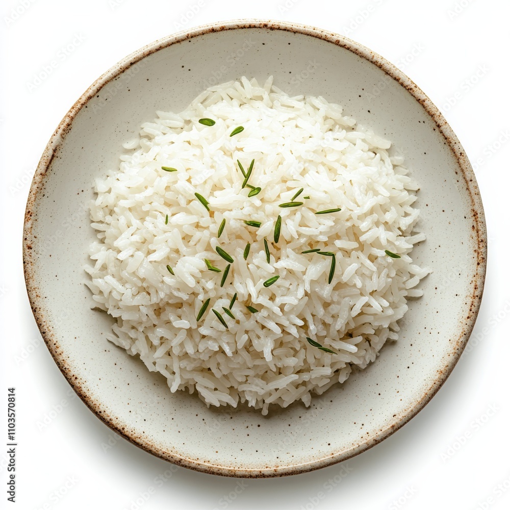 Close-up of Vibrant White Rice Bowl with Fresh Green Herbs on Blue-Grey Surface Close-up of Vibrant White Rice Bowl with Fresh Green Herbs on Blue-Grey Surface