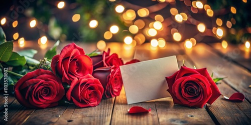 Empty Greeting Card on a Table Surrounded by Red Roses - Perfect for Valentine's Day, Women's Day, or Mother's Day Celebrations and Whimsical Art in Generative Photography