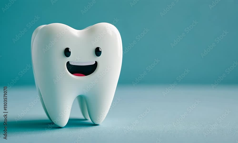 A cheerful, cartoon tooth smiles against a light teal background. A cheerful, cartoon tooth smiles against a light teal background.