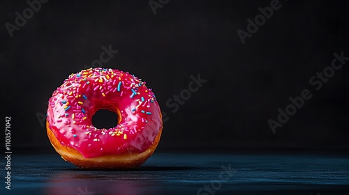 Delicious pink frosted donut with colorful sprinkles, isolated on black background. photo