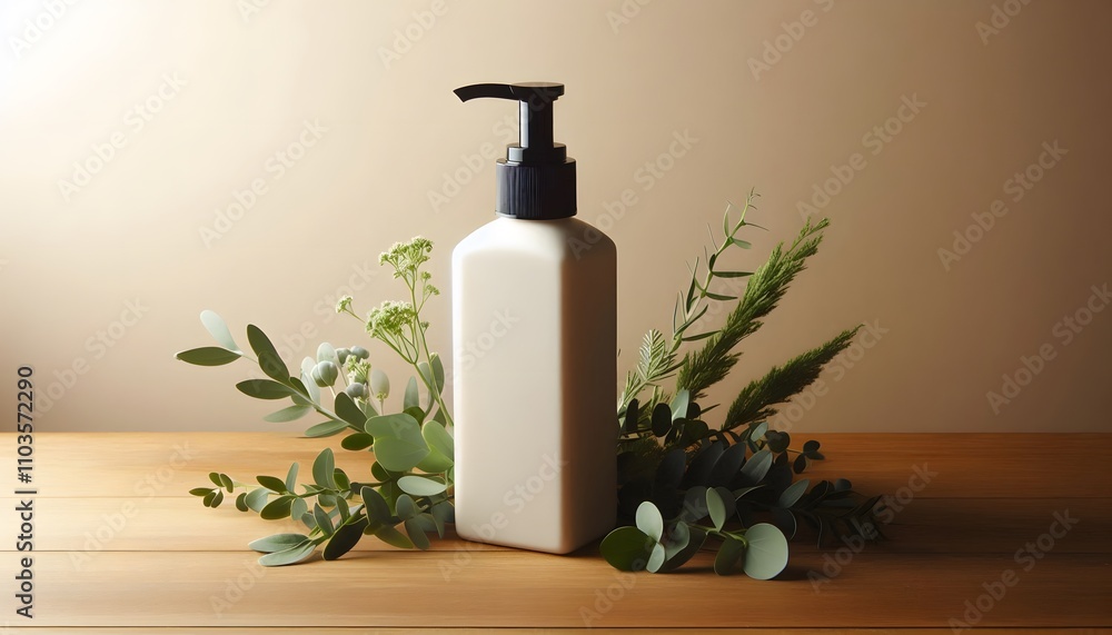 A tall rectangular bottle with a black pump, surrounded by greenery on a warm wooden surface for an earthy, clean aesthetic A tall rectangular bottle with a black pump, surrounded by greenery on a warm wooden surface for an earthy, clean aesthetic