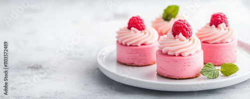 Delightful raspberry mousse cakes topped with fresh raspberries and mint leaves, served on white plate, perfect for dessert lovers