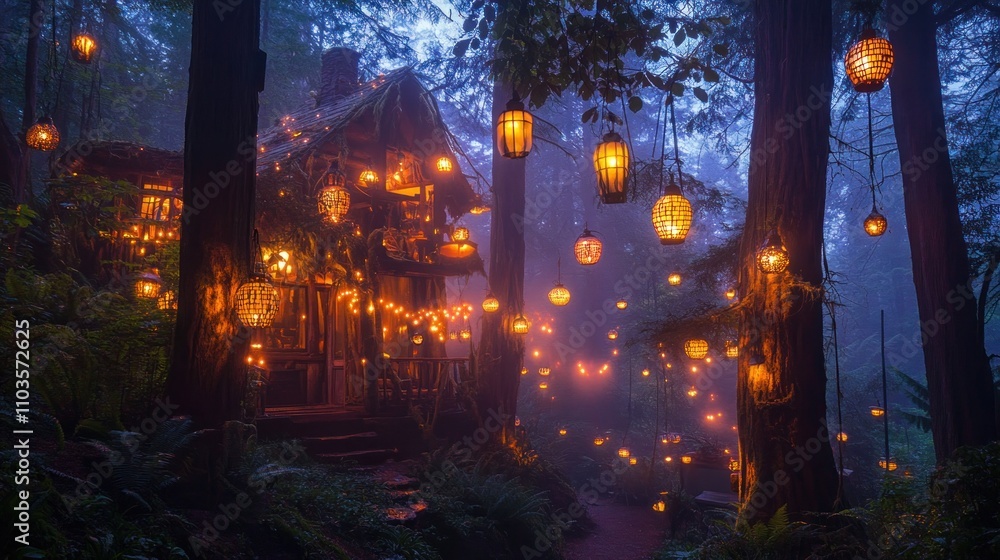 A mystical forest scene featuring a cozy cabin adorned with glowing lanterns in a foggy setting. A mystical forest scene featuring a cozy cabin adorned with glowing lanterns in a foggy setting.