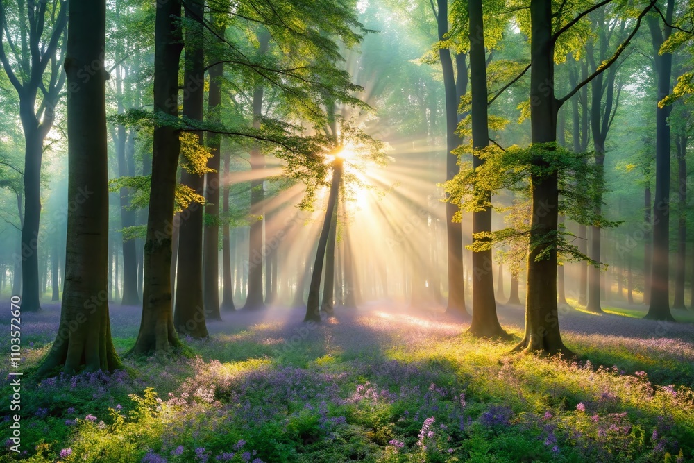 Obraz premium Enchanted Sunlight Filtering Through Misty Woods: A Dreamlike Landscape of Ethereal Beauty and Mystique in a Foggy Forest Environment