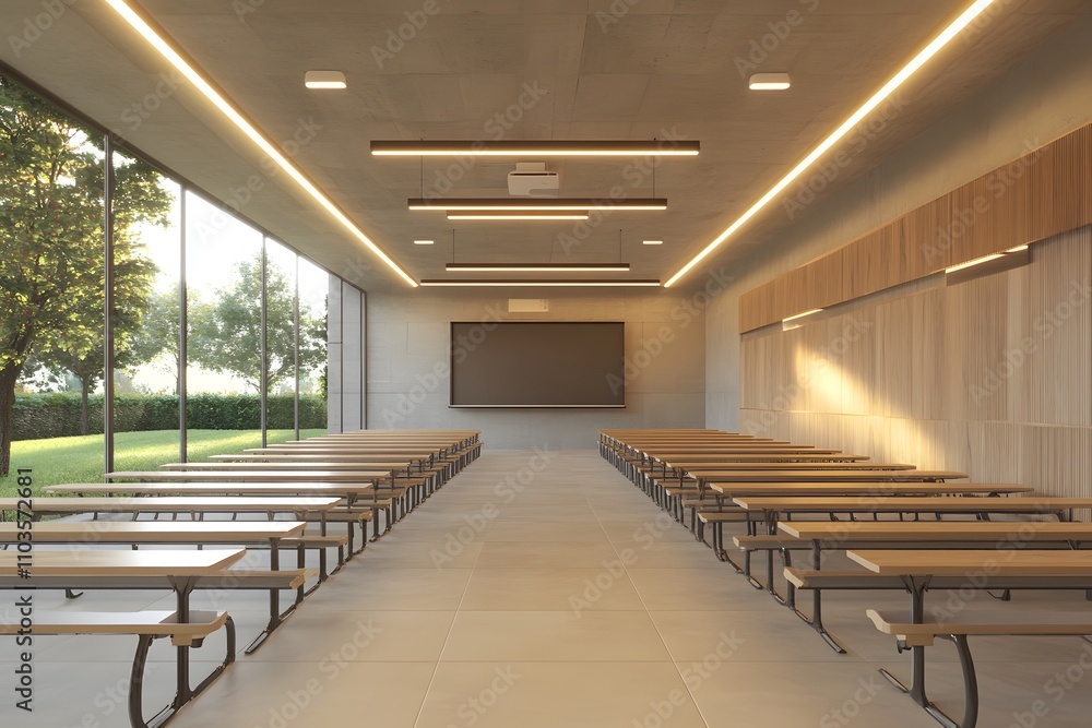 A modern classroom with benches and a large screen, designed for learning and collaboration. A modern classroom with benches and a large screen, designed for learning and collaboration.