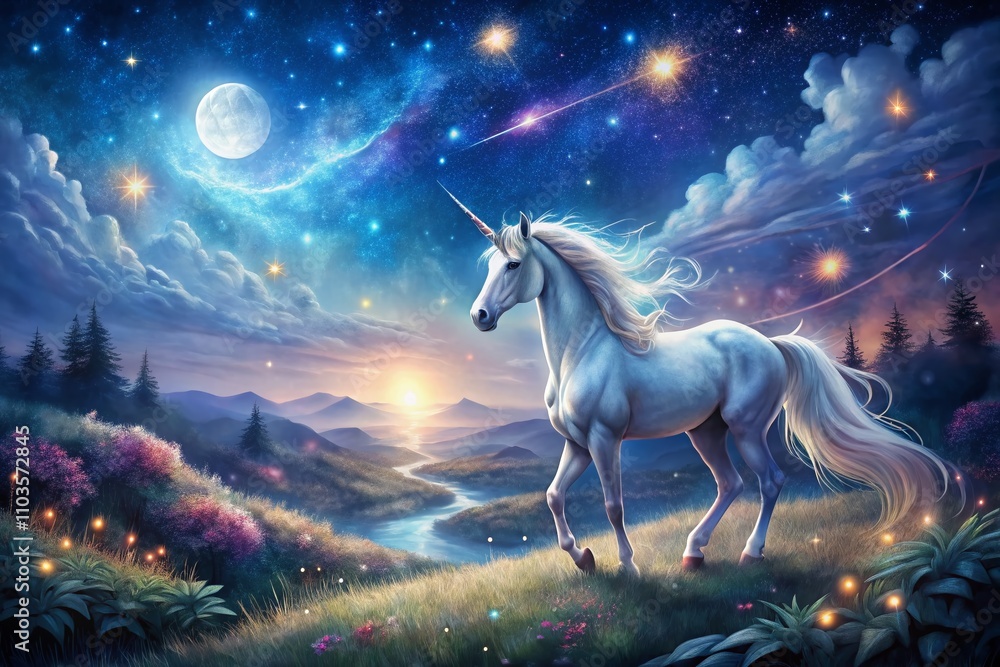 Enchanted Unicorn Under a Starry Night Sky, Majestic and Ethereal, Surrounded by Glimmering Stars and a Mystical Landscape, Perfect for Fantasy Illustrations and Dreamy Decor Enchanted Unicorn Under a Starry Night Sky, Majestic and Ethereal, Surrounded by Glimmering Stars and a Mystical Landscape, Perfect for Fantasy Illustrations and Dreamy Decor