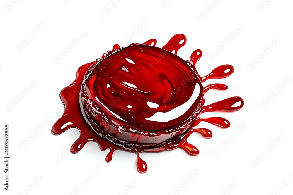 Spilled red jelly with drips on a white background. Spilled red jelly with drips on a white background.