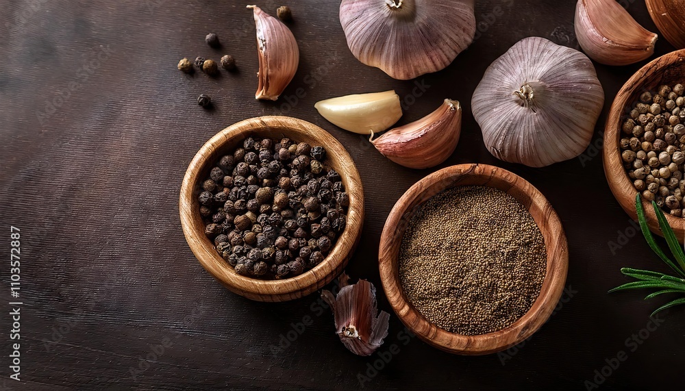 Dark background culinary image featuring wooden bowls of peppercorns and garlic cloves Dark background culinary image featuring wooden bowls of peppercorns and garlic cloves