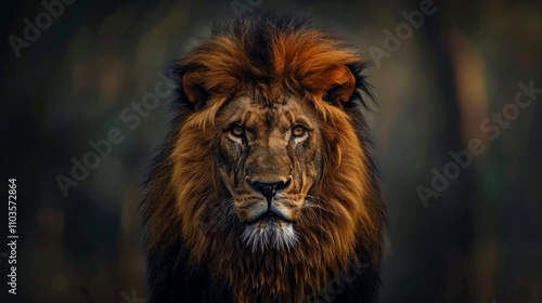 Portrait of a lion with a front view and a blurred background.