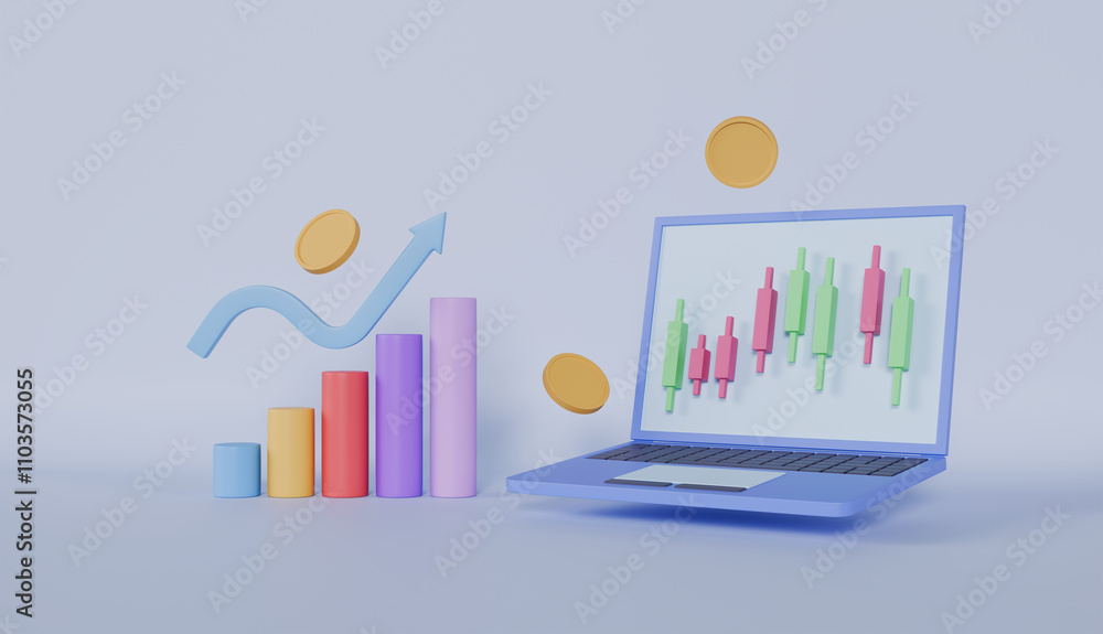 Stocks and statistical chart with laptop, exchange trader with money coin, business startup and growth statistics concept Stocks and statistical chart with laptop, exchange trader with money coin, business startup and growth statistics concept