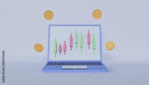 Stocks and statistical chart with laptop, business startup and growth statistics and exchange trader with money coin concept photo