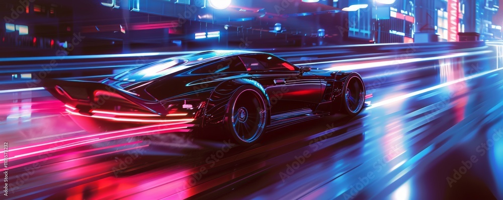 Neon-lit car speeding through a futuristic city, 4K illustration. Neon-lit car speeding through a futuristic city, 4K illustration.