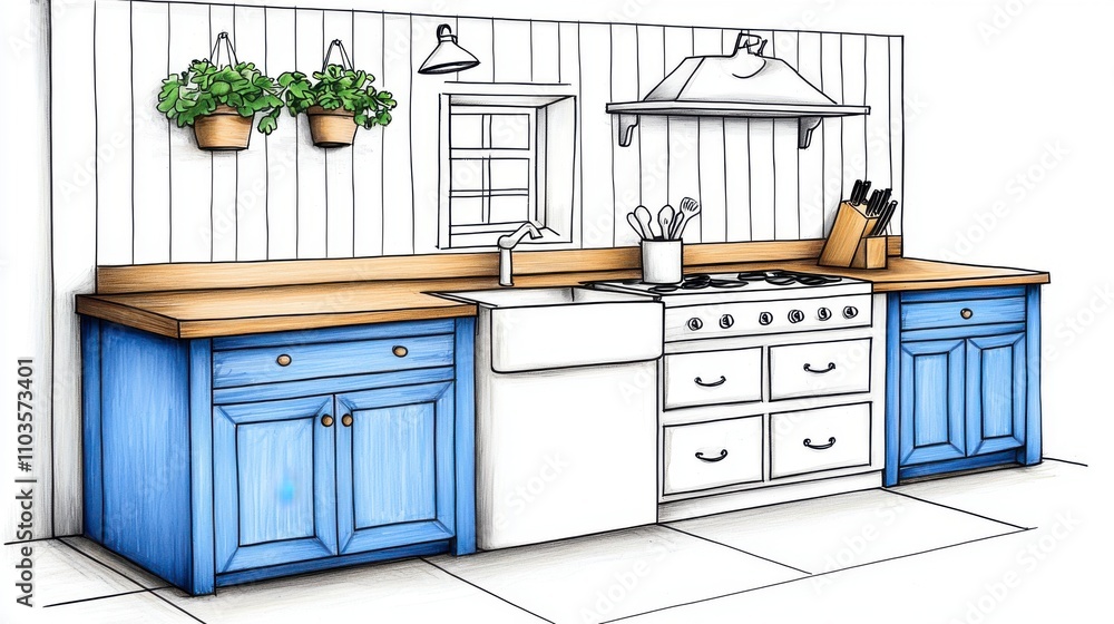 A modern kitchen design featuring blue cabinetry, wooden countertops, and an elegant stove, complemented by hanging plants and a minimalist aesthetic. A modern kitchen design featuring blue cabinetry, wooden countertops, and an elegant stove, complemented by hanging plants and a minimalist aesthetic.