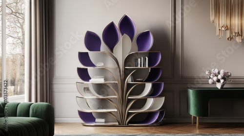 Modern floral shelving unit in a stylish living room.