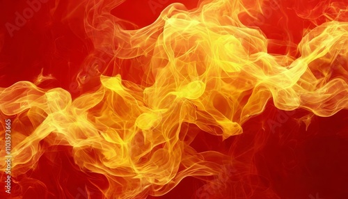 Bright yellow smoke swirling against a red background creates a mesmerizing and abstract artistic effect, perfect for creative designs and digital backgrounds.