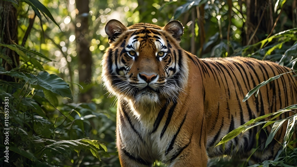 Obraz premium Bengal Tiger in its Natural Habitat Amidst Dense Foliage