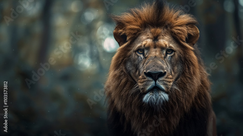 Portrait of a lion with a front view and a blurred background.