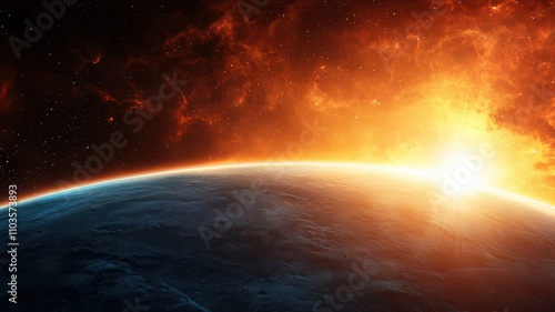 Wallpaper Mural A stunning view of Earth from space, showcasing a vibrant sunrise against a backdrop of cosmic colors. Torontodigital.ca