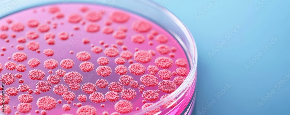 A close-up view of a petri dish containing pink culture medium with numerous small bubbles, showcasing a scientific laboratory environment. A close-up view of a petri dish containing pink culture medium with numerous small bubbles, showcasing a scientific laboratory environment.