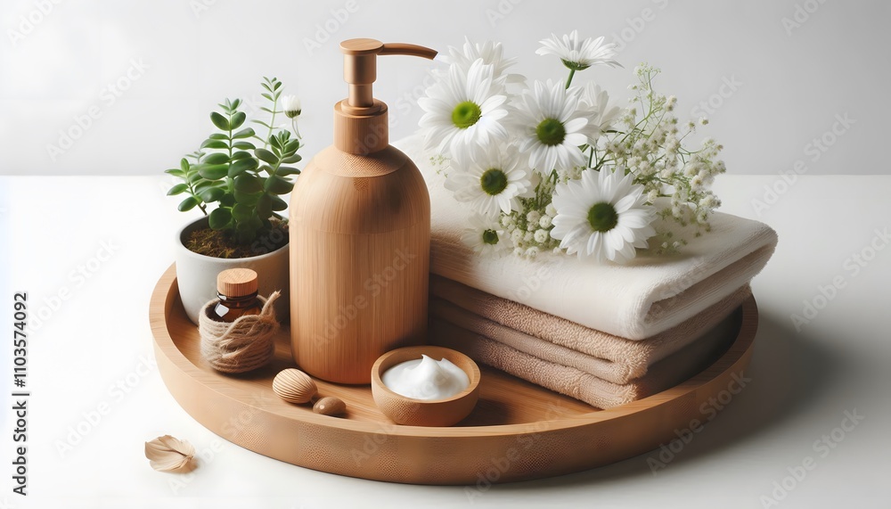 A bamboo pump bottle placed on a wooden tray with white daisies, soft cotton towels, and small potted plants, evoking a calm, sustainable aesthetic. A bamboo pump bottle placed on a wooden tray with white daisies, soft cotton towels, and small potted plants, evoking a calm, sustainable aesthetic.