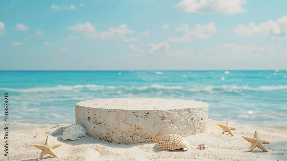 Sleek Modern Podium on Sandy Beach with Crystal Clear Ocean Background - Perfect for Product Displays or Summer Vacation Themed Designs Sleek Modern Podium on Sandy Beach with Crystal Clear Ocean Background - Perfect for Product Displays or Summer Vacation Themed Designs