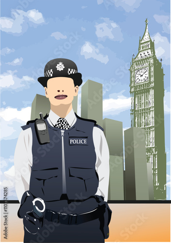 153-04-British policewoman holding handcuffs, posing in front of big ben and london cityscape