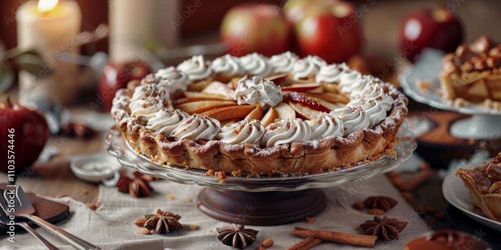 Naklejka premium Freshly baked Dutch apple pie with whipped cream on a dessert table, 4K hyperrealistic photo.