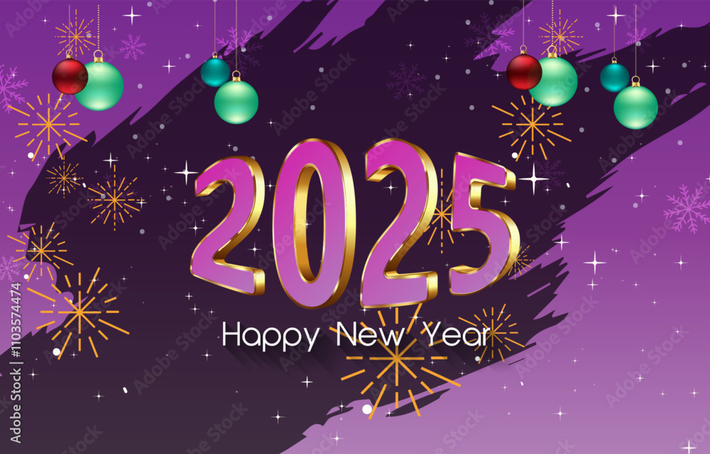 Fototapeta premium 2025 happy new year template banner with modern 3d text effect and beautiful sparkle luxury shiny ornament abstract gradient purple background design 015