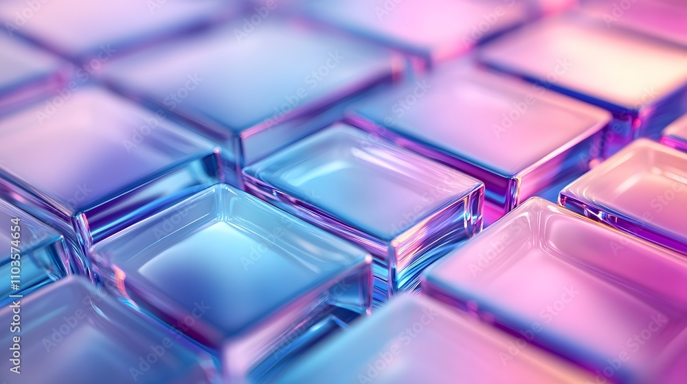 Modern geometric pattern of holographic glass squares with iridescent blue-purple gradients, featuring transparent shapes and crystal surfaces in minimalist 3D rendering style. Modern geometric pattern of holographic glass squares with iridescent blue-purple gradients, featuring transparent shapes and crystal surfaces in minimalist 3D rendering style.