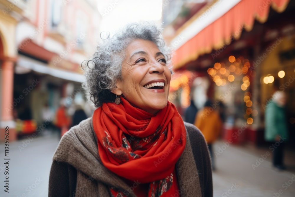Portrait of happy senior woman with red scarf in the city. Portrait of happy senior woman with red scarf in the city.
